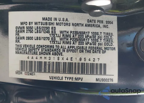 2004 Mitsubishi Endeavor Xls from USA, damaged, VIN 4A4MM31SX4E105427